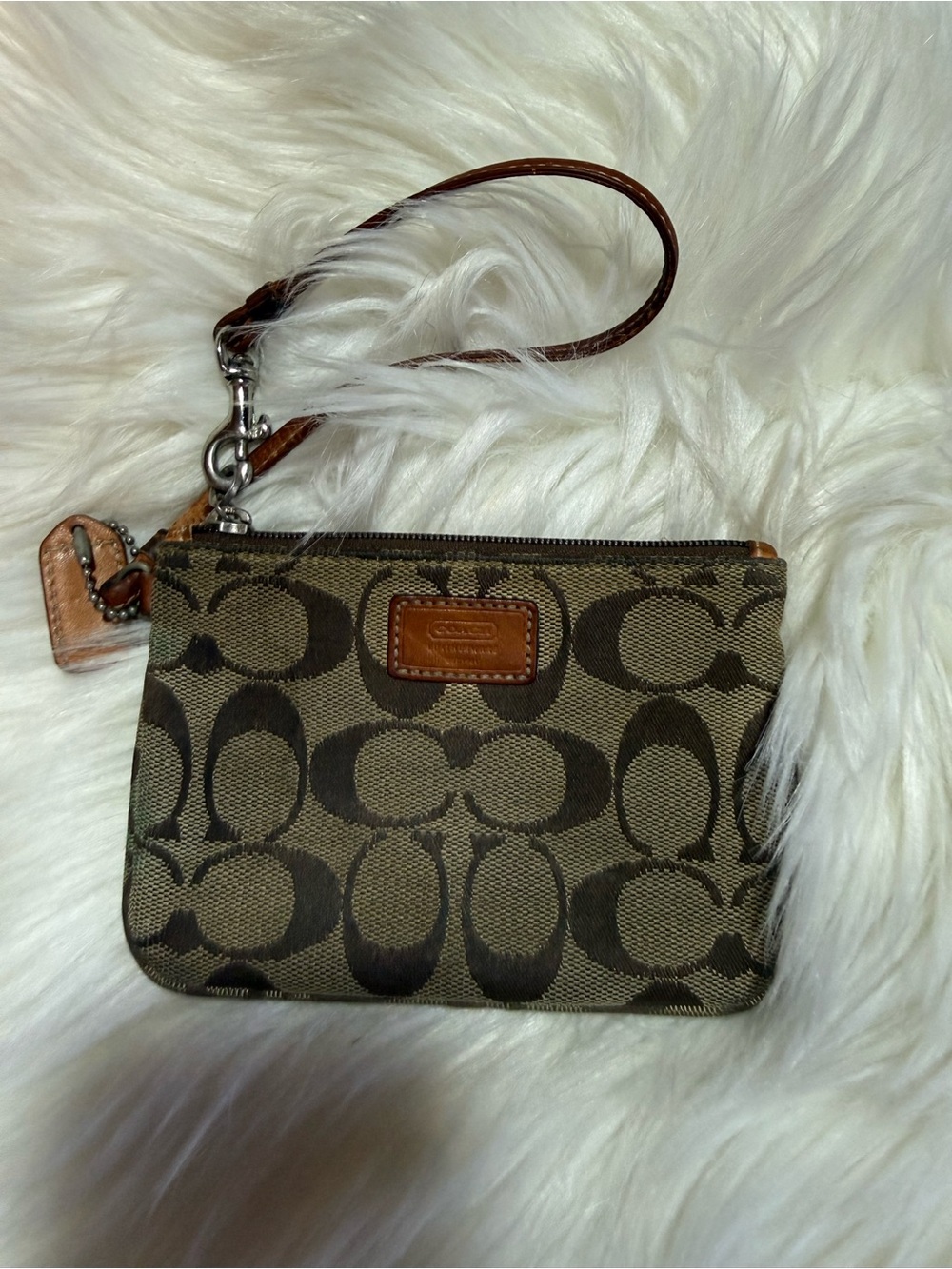Coach Brown Signature Canvas Wristlet with Leather Trim